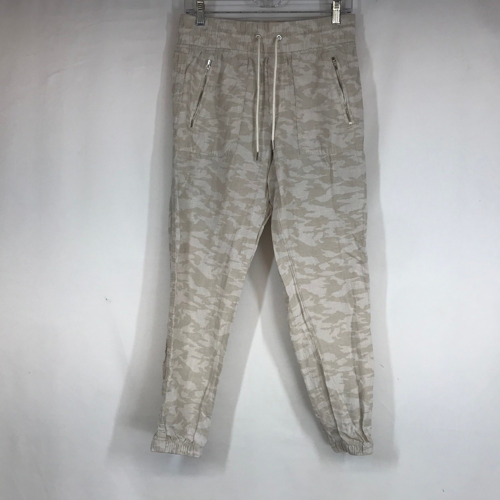 Athleta Cabo Tide Linen Jogger Pants Tan Beige Camo‎ Size 4 Zip Pocket Relaxed